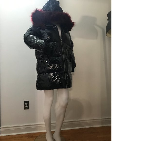 F21 PLUS SIZE black shiny hooded puffer parka coat jacket burgundy red fox fur - Picture 1 of 9